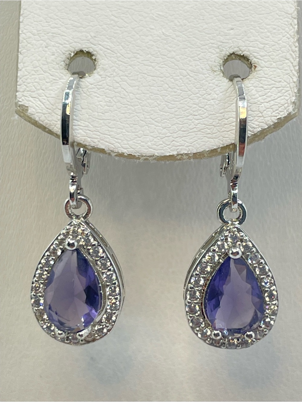 Silver Purple Crystal Teardrop Halo Hoop Dangle Earrings